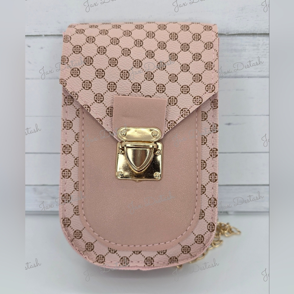 Pink Patterned Crossbody Phone Bag with Gold Accents BG47614